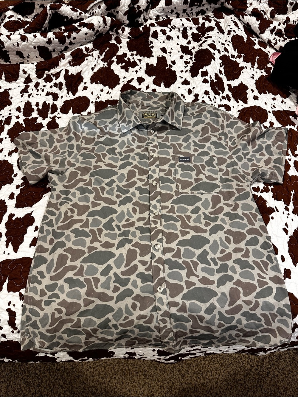 BURLEBO Performance Button Up Shirt Men’s Large Duck Camo Short Sleeve